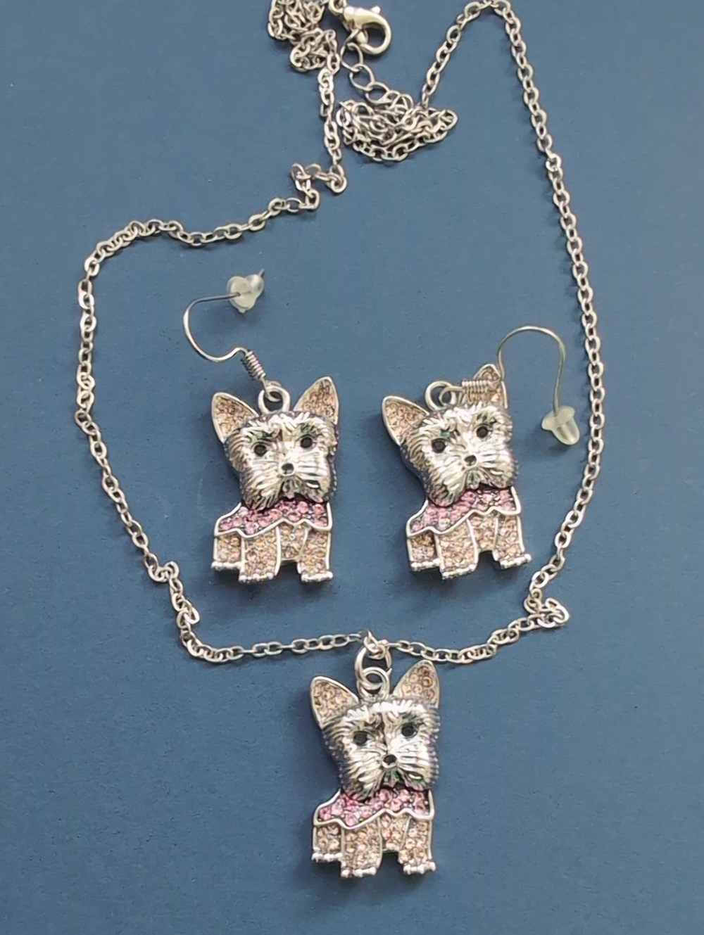 Cute Dog Pendant Necklace & Earring Set - Pink and Silver